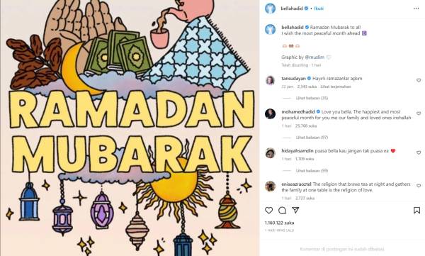 Bella Hadid Ucapkan Selamat Ramadan, Berharap Jadi Bulan Paling Damai