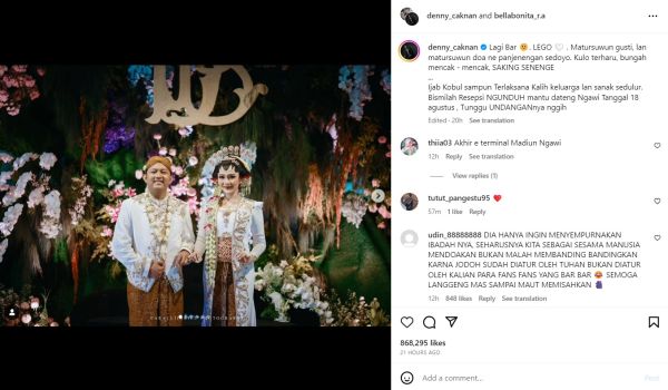 Komentari Foto Pernikahan Denny Caknan, Happy Asmara Beri Ucapan Selamat