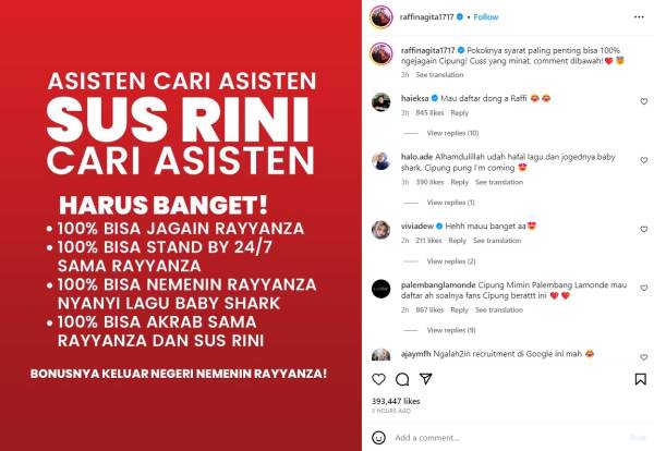 Raffi Ahmad Cari Asisten Sus Rini, Syaratnya Harus Bisa Jagain Rayyanza