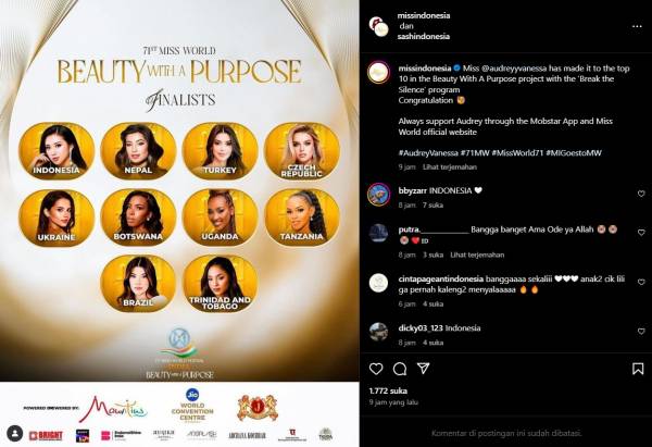 Audrey Vanessa Masuk 10 Besar Beauty With a Purpose Miss World 2024