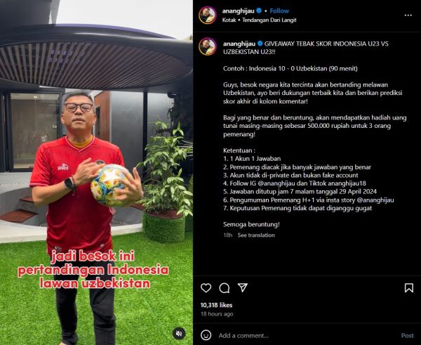 Anang Hermansyah Beri Giveaway Tebak Skor Timnas Indonesia vs Uzbekistan, Hadiahnya Rp500 Ribu